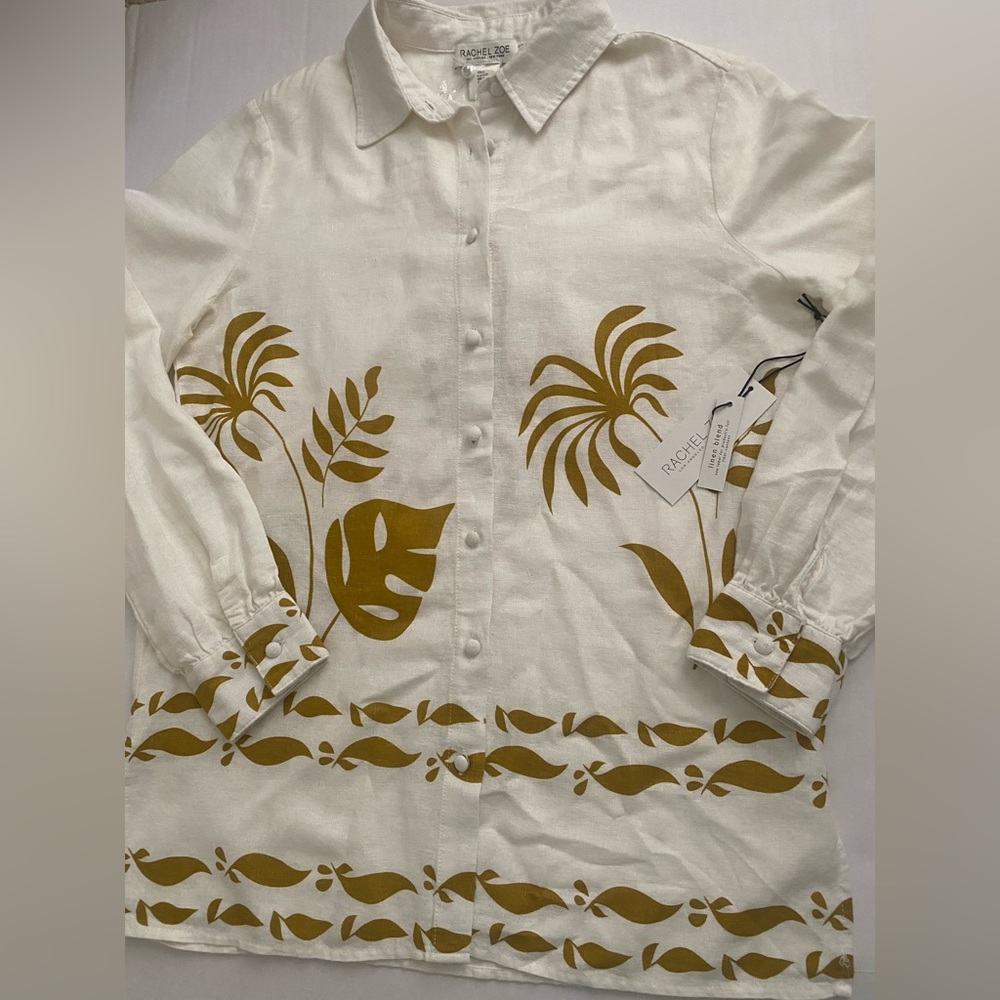 Rachel Zoe White Button-Up Shirt Gold Palm Leaf Print Size S NWT Linen Blend - Picture 4 of 12